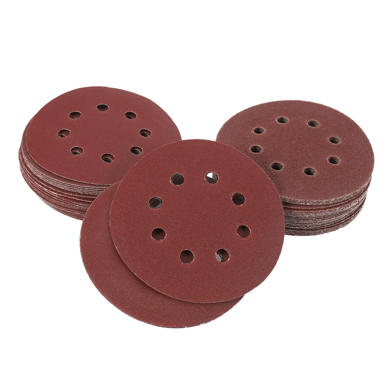 50Pcs 5 Inch 125Mm Round Sandpaper Eight Hole Disk Sand Sheets Grit 40/60/80/120/240 Hook And Loop Sanding Disc Polish