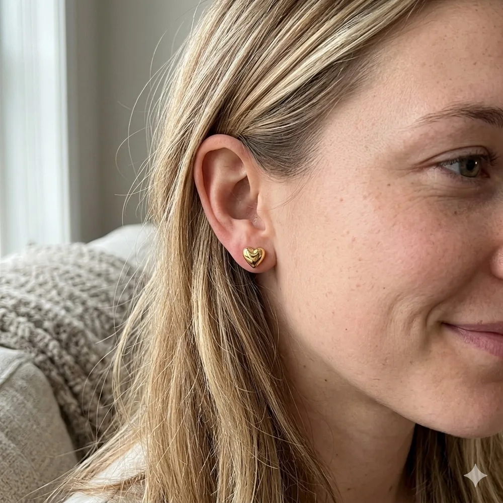 14K Vergoldete Edelstahl Puffy Herz Ohrstecker für Frauen Minimalistische Glatte 3D Liebesherz Piercing-Ohrringe