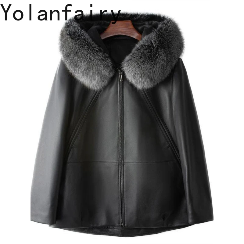 YOLANFAIRY Echte Schaffell Leder Unten Jacke Frau 2025, Winter Warme Gans Unten Mäntel Frauen Mit Kapuze Fuchs Pelz Kragen Puffer Jacken