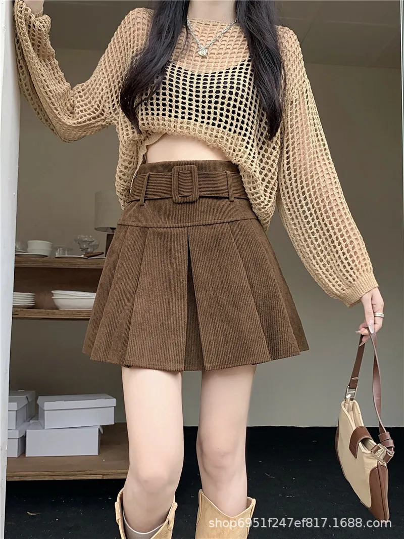 Plus-Size Skirt Premium Corduroy Pleated Waist Skirt Figure-Flattering A-Line Short Skirt Flared Soft Mini Casual Skirts