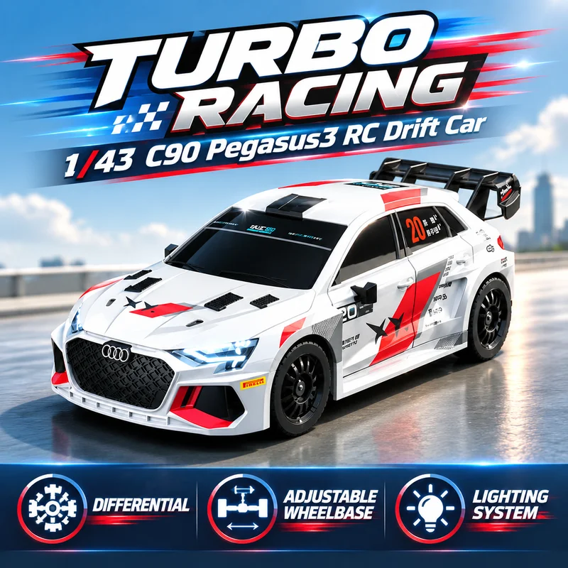 TURBO RACING 1/43 C90 Pegasus3 New Remote Control Flat Running Drift Car Simulation A3 8KM/H Electric RC Desktop Model With LED