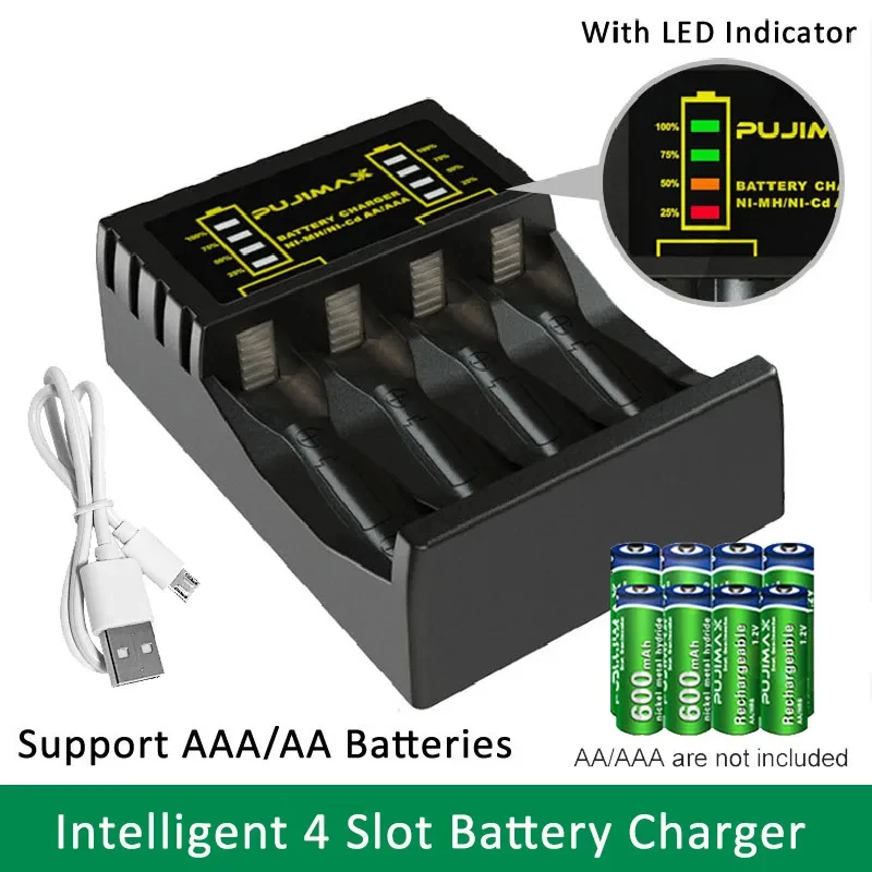 Battery Charger 4 Slot Intelligent Fast Charge With Indicator For 1.2V NiMH NiCd AA/AAARechargeable Batteries USB C Micro Jack