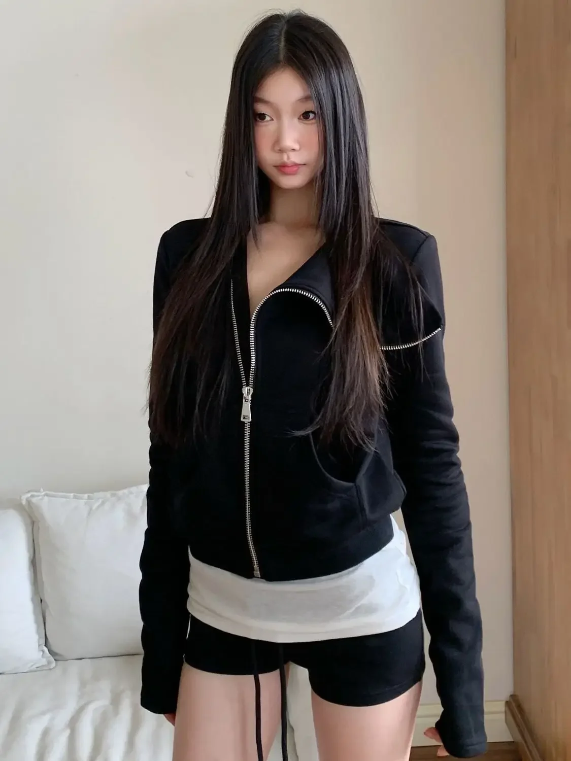 

Chaquetas Para Mujer American Black Hooded Jacket Chic Cardigan Long Sleeved Top Streetwear Punk Gothic Coat Goth Harajuku