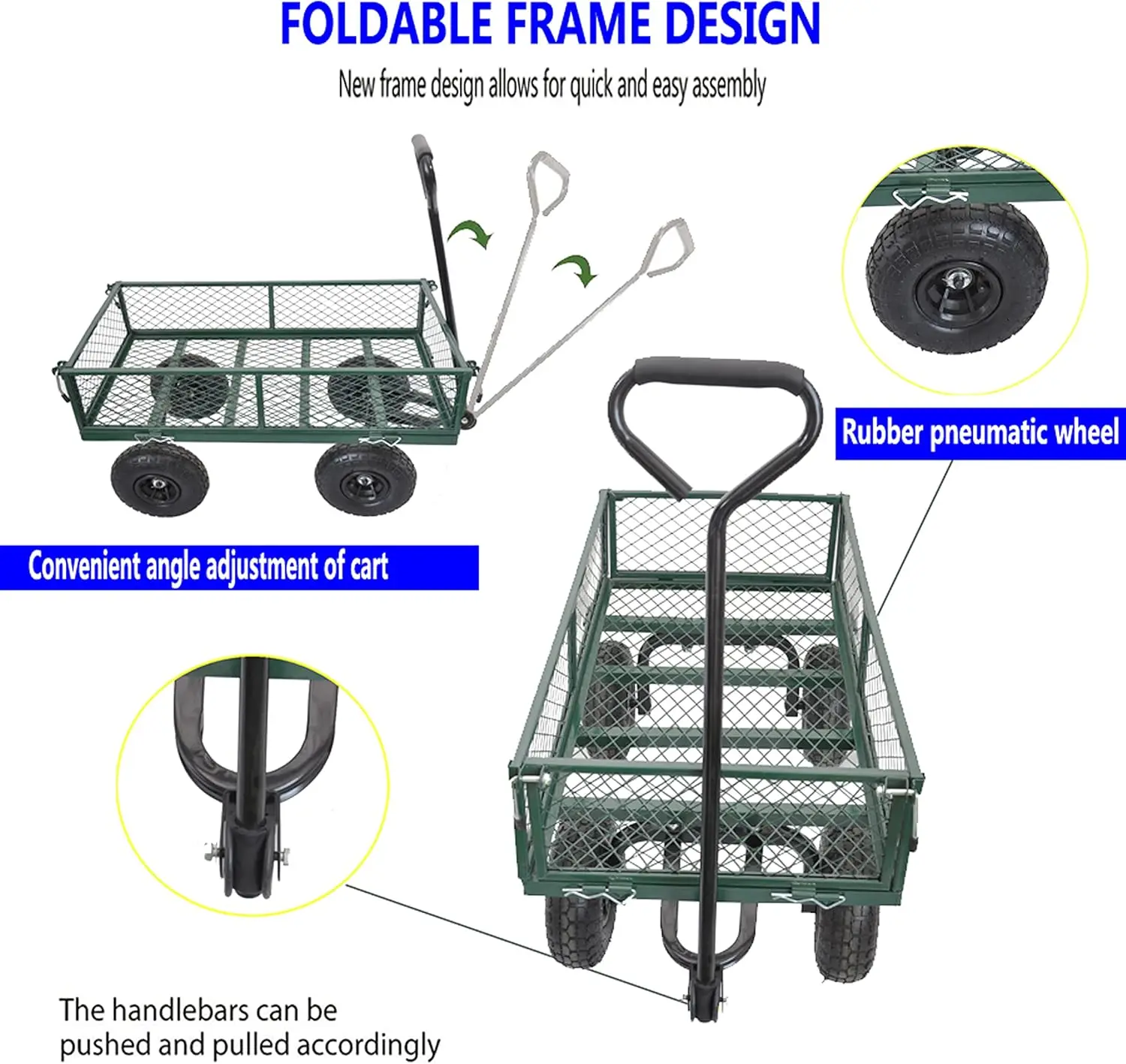 Wagon zielony wózek ogrodowy 660 funtów 10 "410/3,50-4 opony powietrzne stalowy wózek ogrodowy z 180 °   Obrotowy uchwyt i zdejmowane boki,