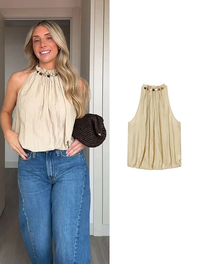 Summer Sleeveless Vest Shirt For Women Slim Halter Neck Beaded Tops Slim Sexy Fashion High Street Solid Ladies Camisole New