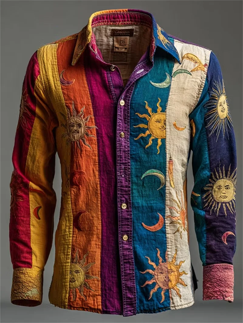 New Vintage Distressed Patchwork Guitar Sheet Music Print Men's Long Sleeved Shirt Bohemian Style Casual Shirt