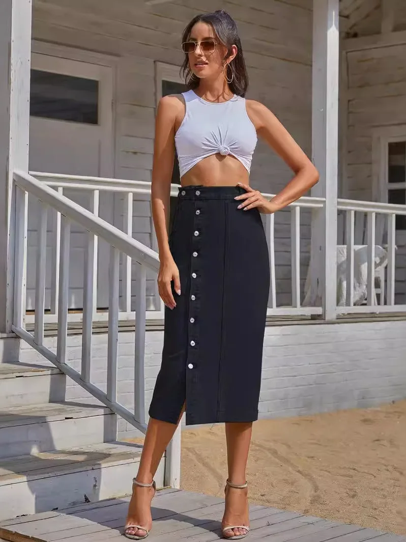 하이웨이스트 슬릿 스트레이트 데님 스커트 여성 스트리트 슬레 캐주얼 핏 A라인 스커트 유럽 및 미국 스타일