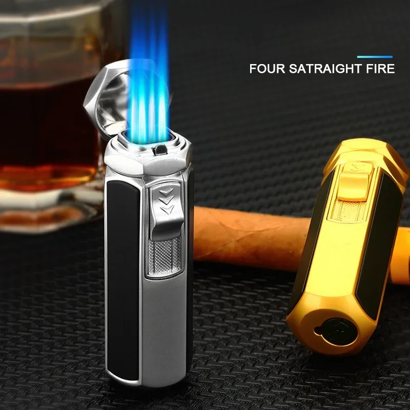 New Creative Four Fire Direct Blue Flame Windproof High end Cigar Lighter Outdoor Barbecue Men's High end Gift