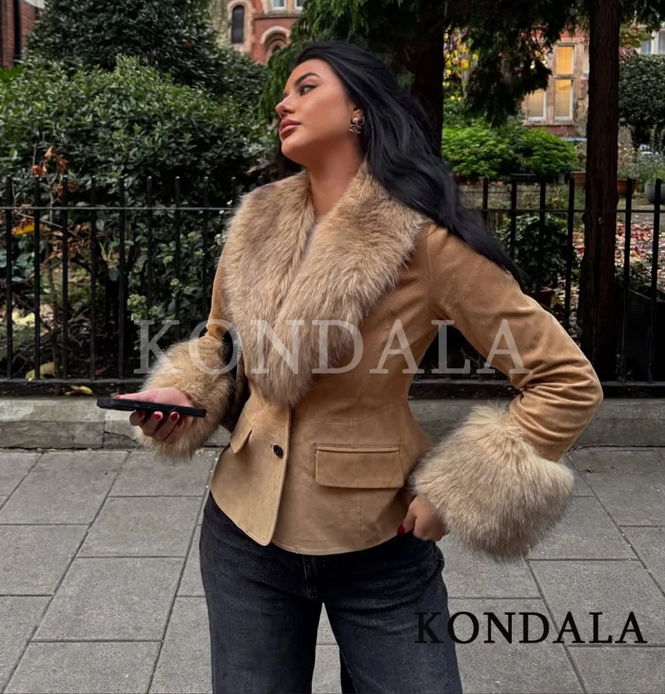 

KONDALA Elegant Street Fur Collar Suede Blazer Women Faux Fur Edge Slim Jacket 2025 Fall Winter Fashion Chic Modern Lady Blazer