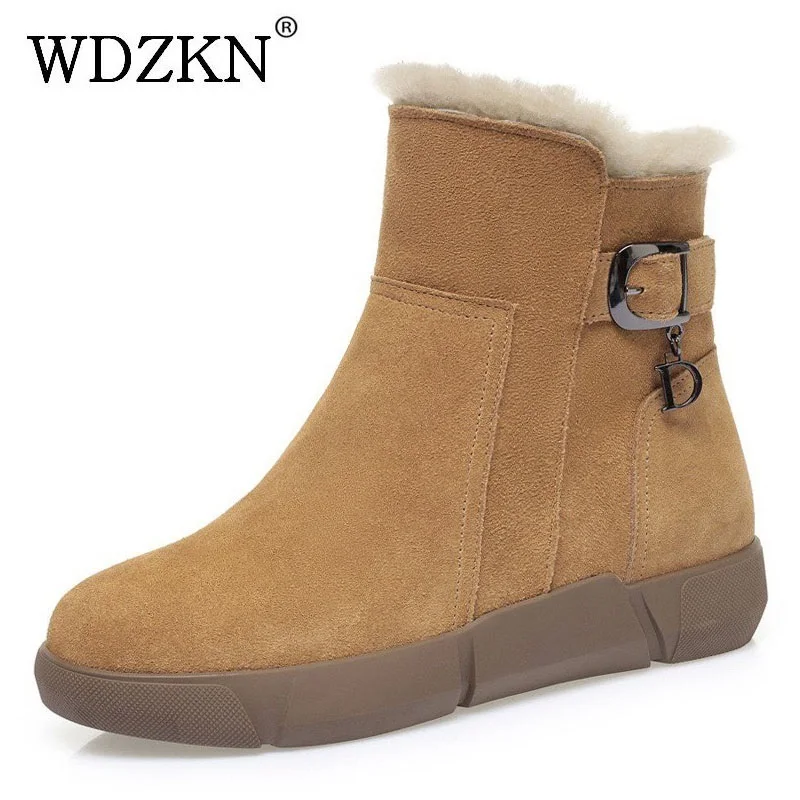 

WDZKN Fashion Women Snow Boots Winter Natural Wool Fur Quality Cow Suede Leather Zipper Flat Warm Cotton Ankle Boots Big Size 43