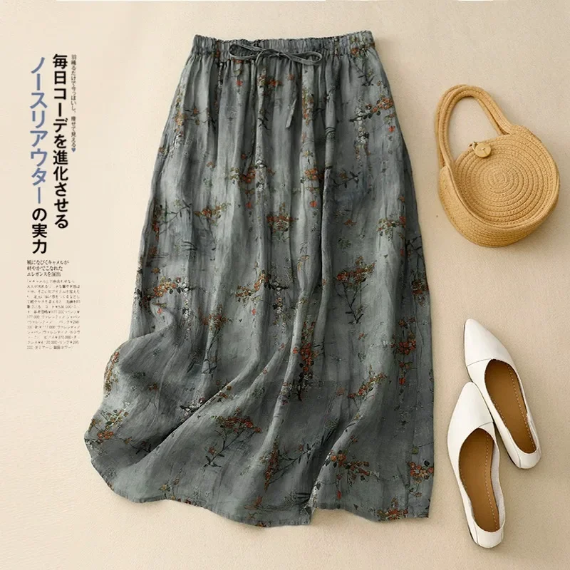 Vintage Women Skirts New Spring/summer Cotton Linen High Waist Loose Printed Chinese Style Skirt A-LINE Clothing