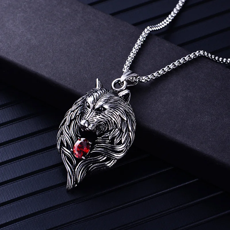 Mens Jewellery Ruby Wolf Head Necklace Wolf Head Pendant Hip Hop Punk Necklaces for Men Animal Jewelry Party Anniversary Gift