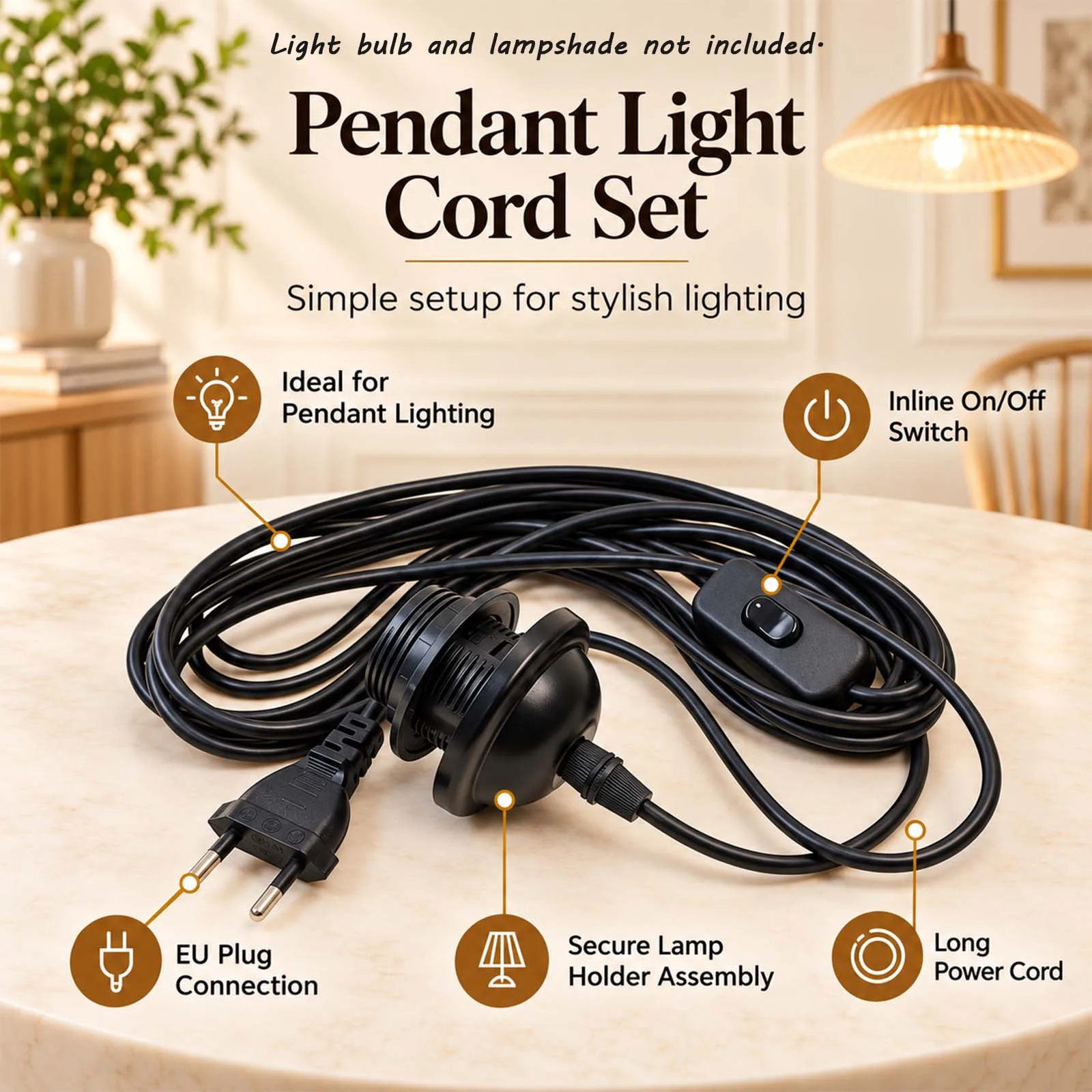 Black Lamp Cord Kit, E27 Socket, Convenient Inline Switch, Straight Plug, Complete Installation Kit, Living Room, Plug-in