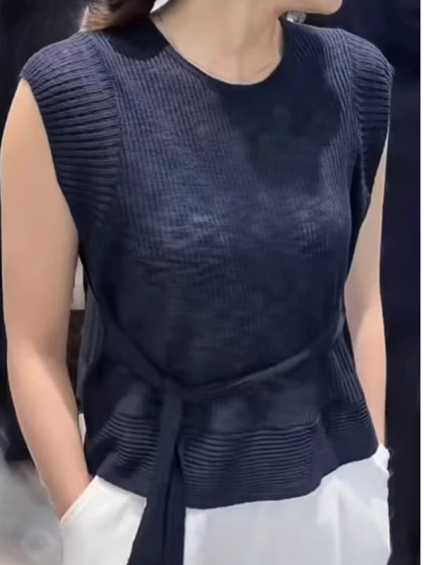 

Summer New round Ne Svel Knot Waist Slimming Versatile Design Faionable Commute Knitted Top Women's Faion