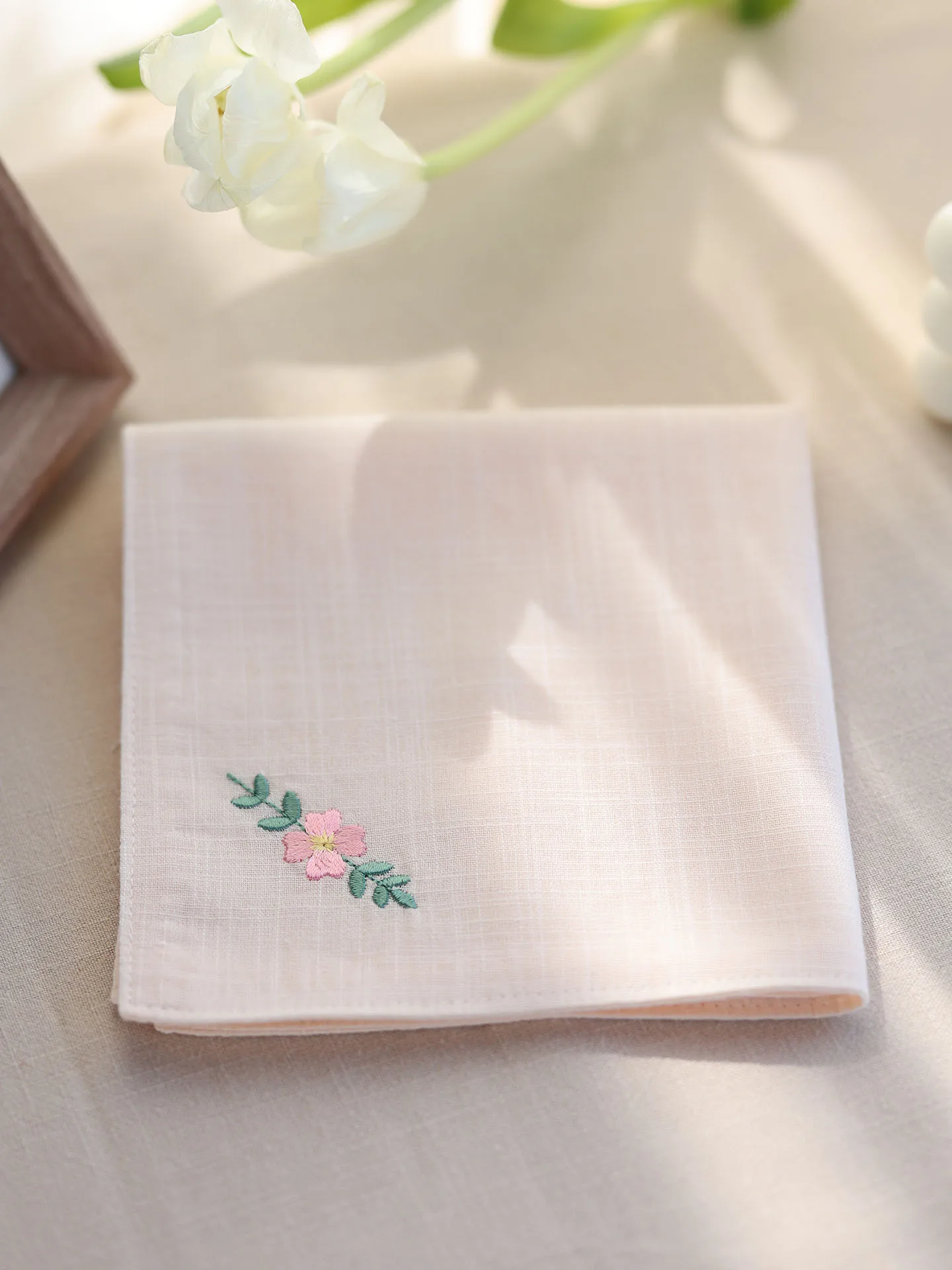 Chinese Style Embroidery Pink Flower Cotton Handkerchief Women Portable Sweat Absorbent Square Vintage Hanky Light Pink Turquois