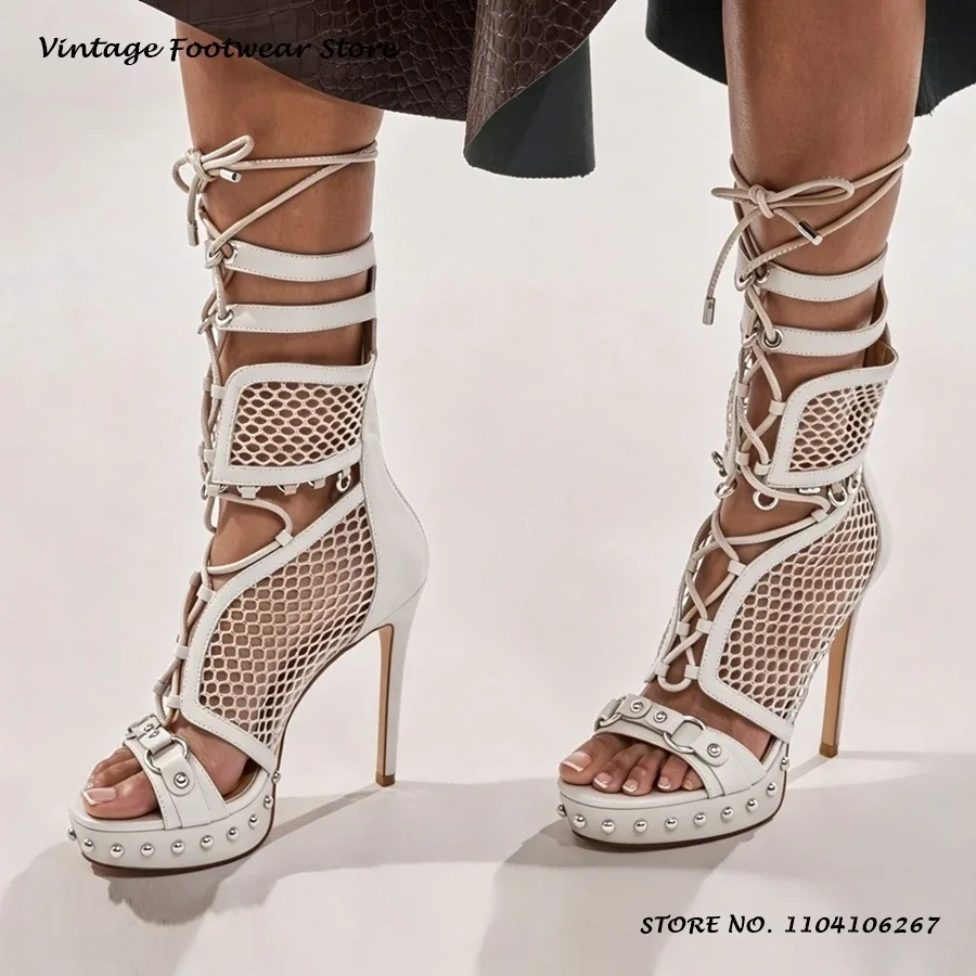 Fishnet Studded Platform Sandals Punk Round Open Toe Thin Heels Party Shoes Women's Summer Plus Size Back Zipper Stilettos