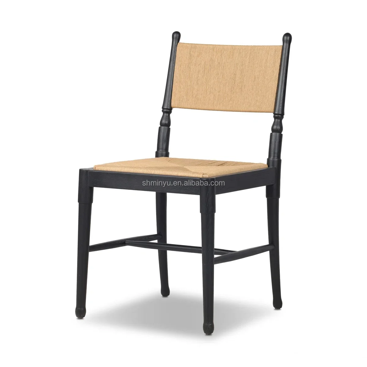 Antique Traditional Stained Black Wabi-Sabi Design Solid Ash Wood Dining Chair with Paper Cord Back for Dining Room Use