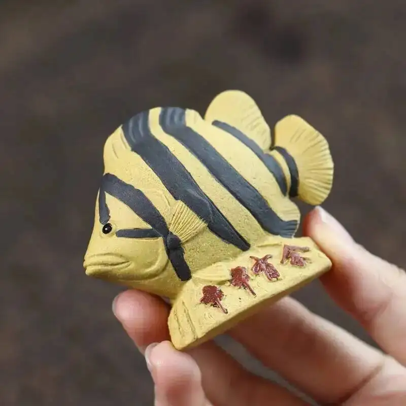  Purple Clay Tea Pet Fish Ornament Yearly Fish Tea Room Tea Tabletop Decoration Three-stripe Tiger Fish Tea Чаепитие