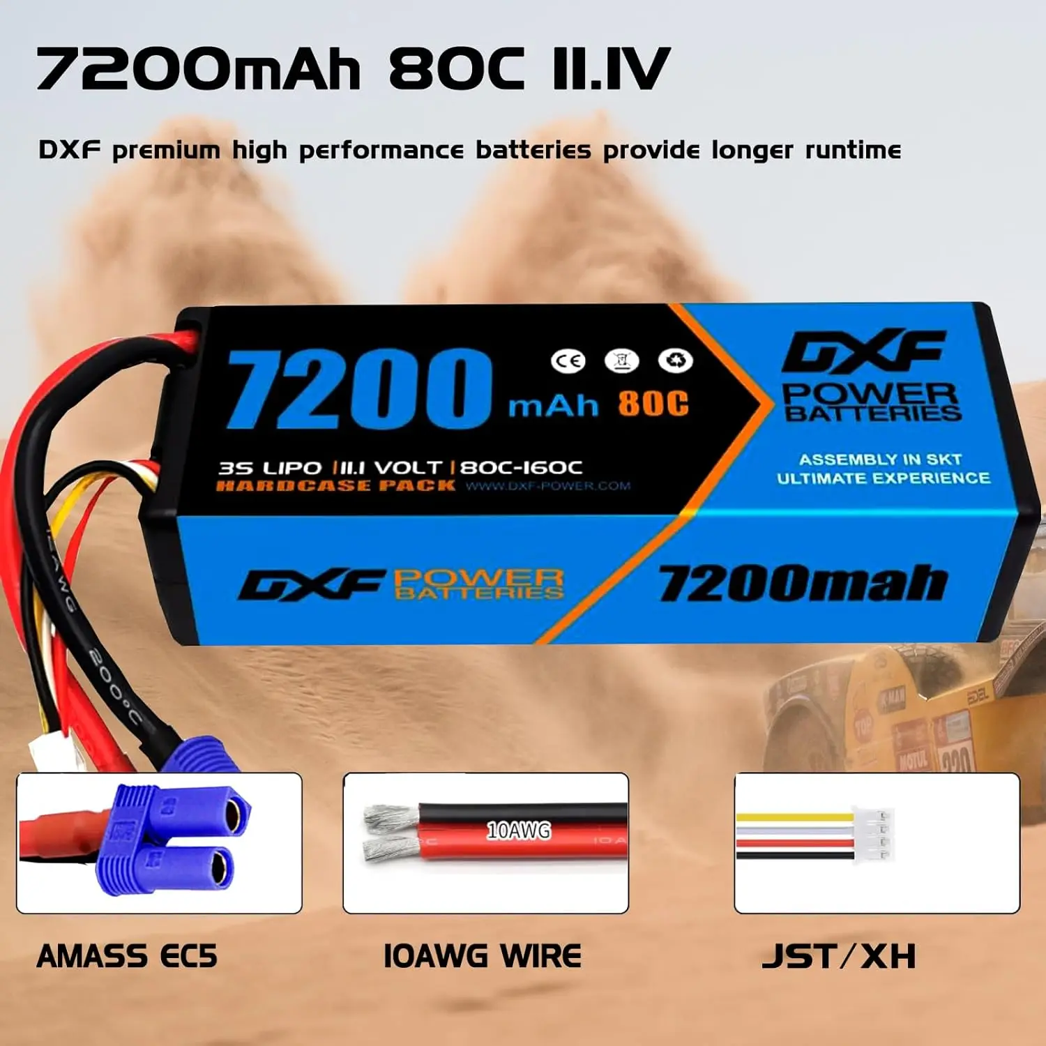 DXF 3S  Lipo Battery 11.1V 7200mAh 80C with EC5 Plug Hardcase for 1/8 Buggy Truggy Offroad Car Boat Truck Airplane UAV RACING