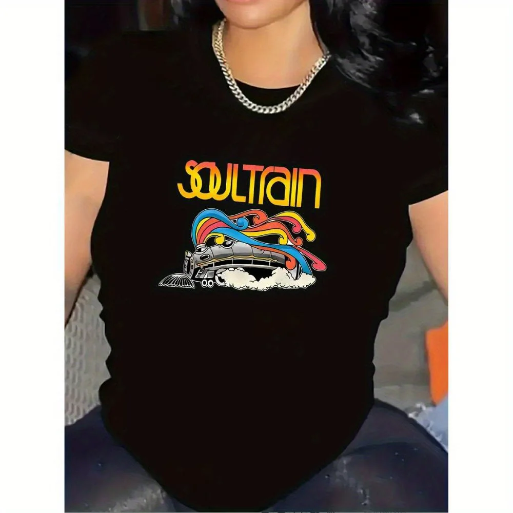 تي شيرت نسائي برسومات Soul Train - رقبة دائرية كاجوال، أكمام قصيرة، بلوزة أكتيفيوير من مزيج القطن