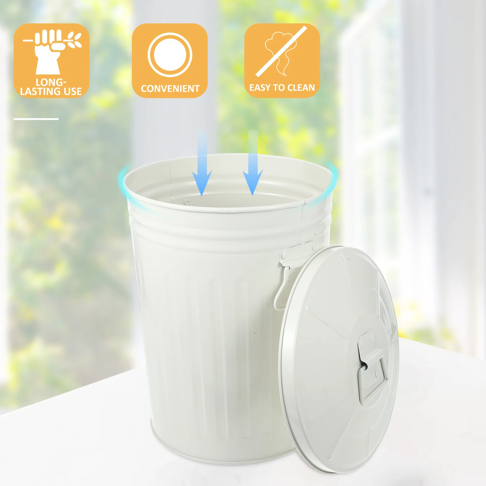 

Metal Trash Can Round Large Capacity Iron Dustbin for Office Kitchen Bathroom Space Saving Waste Container