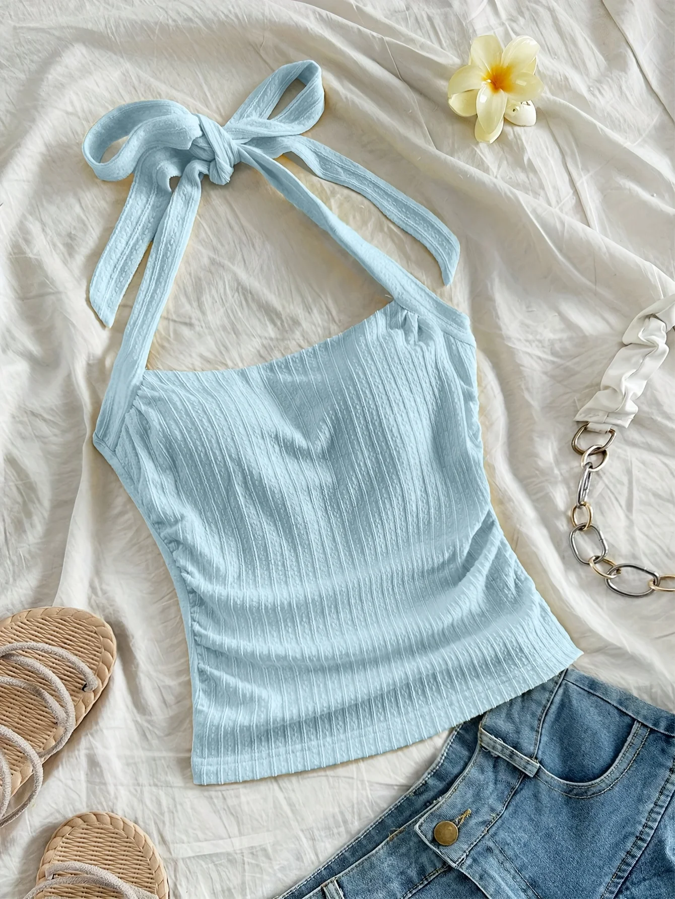 여름 인기 단색 텍스처 우아한 캐주얼 홀터 여성 탑