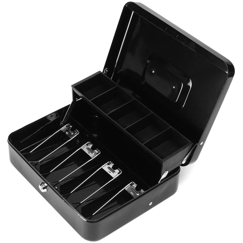 Black Metal Iron Cash Money Box Drawer With Key Lock Security Lock Layered Tray Storage For Safe Home Office Container Tool