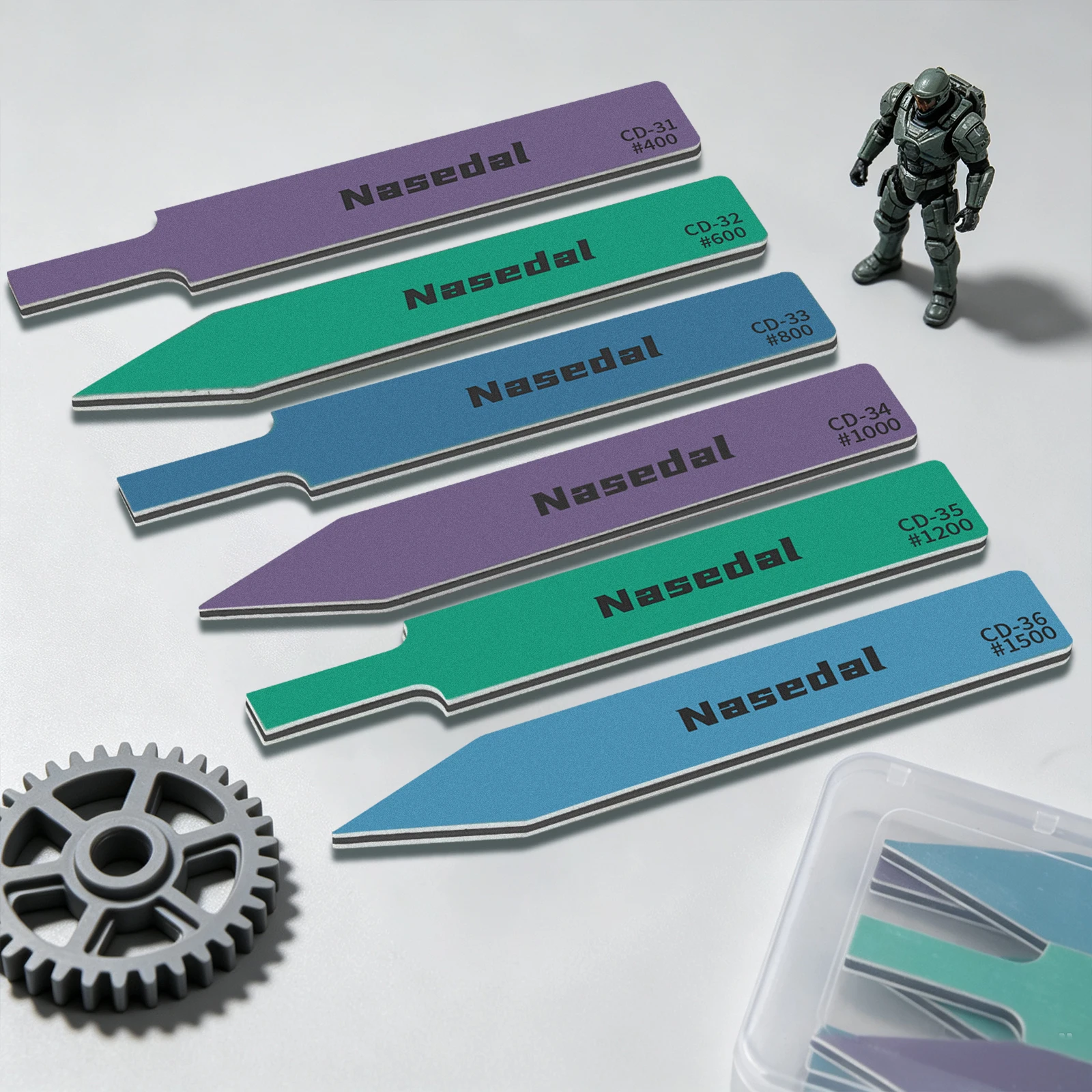 Nasedal 6 Stück 400-1500 Körnung Doppelseitige Halbstarre Schleifstäbe für Gundam Gebogene Oberflächen 3D-Druck Waschbar mit Aufbewahrungsbox – Detail 6