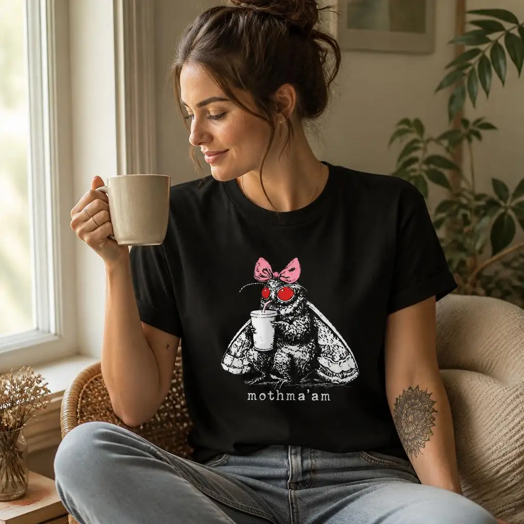 Mothma'am Lustiges Mothman-T-Shirt mit Kaffee-Motiv, Cryptid-Meme, Herren-T-Shirt, 100 % Baumwolle, Kleidung, lustiges Kurzarm-T-Shirt, Geschenk-T-Shirts – Detail 2