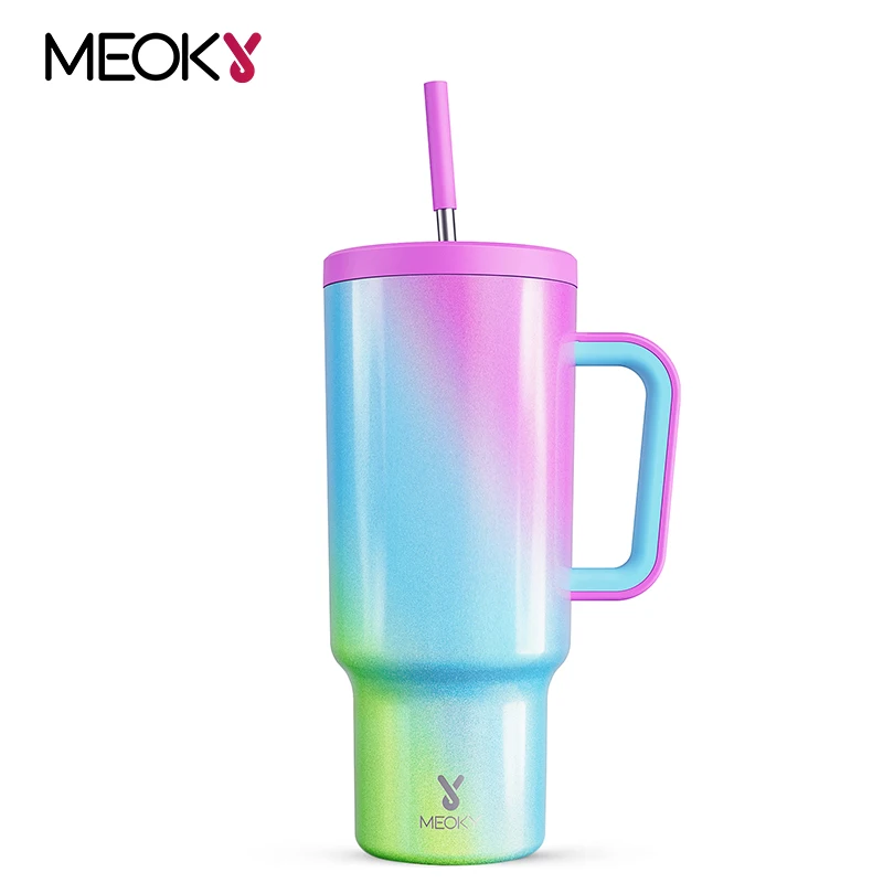 

Meoky 40oz Thermal Cup with Handle Straw Gradient Stainless Steel Double Wall Vacuum Insulated Leak-Proof Travel Mug Gifts