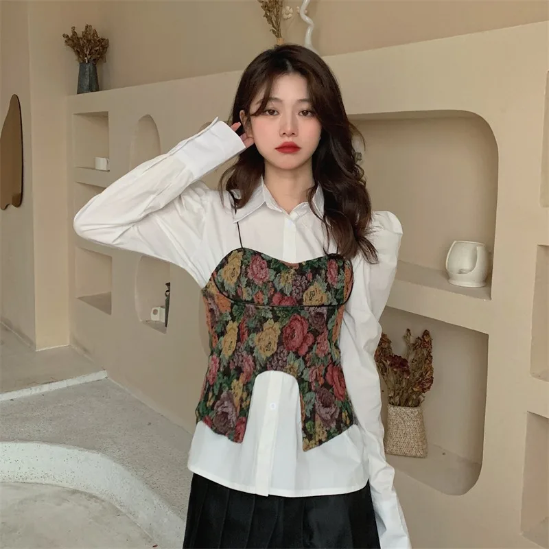 

Комплекты из 2 предметов, женские белые рубашки с длинным рукавом, бандажные нерегулярные камзолы Y2k, одежда, костюмы в корейском стиле, дизайн в стиле ретро, женские