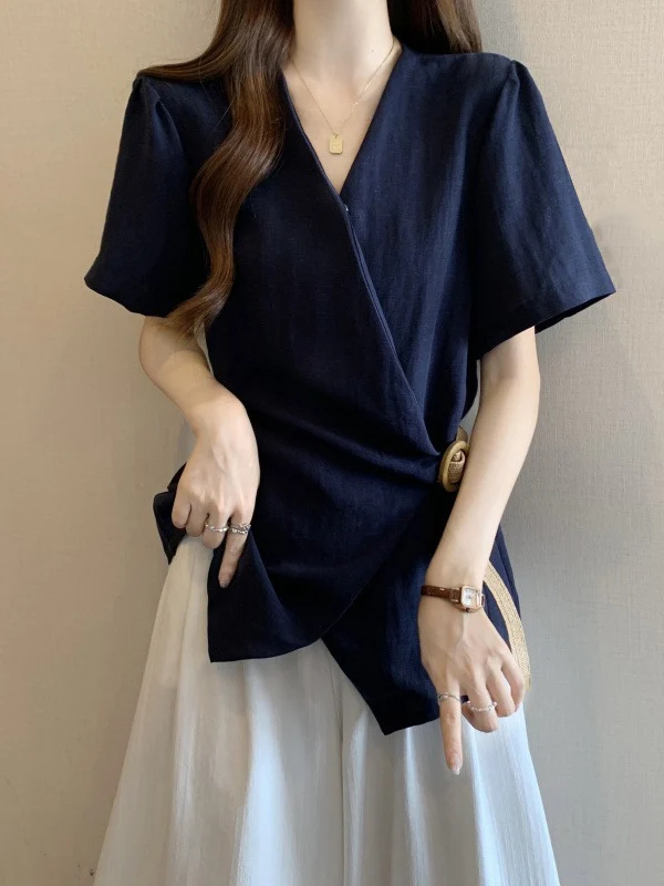 

Elegant Dark Blue V-Neck Short Sleeve Shirt Women's Summer plus Size round Button Cord Waist Cinching Top Korean Style Loose Fit