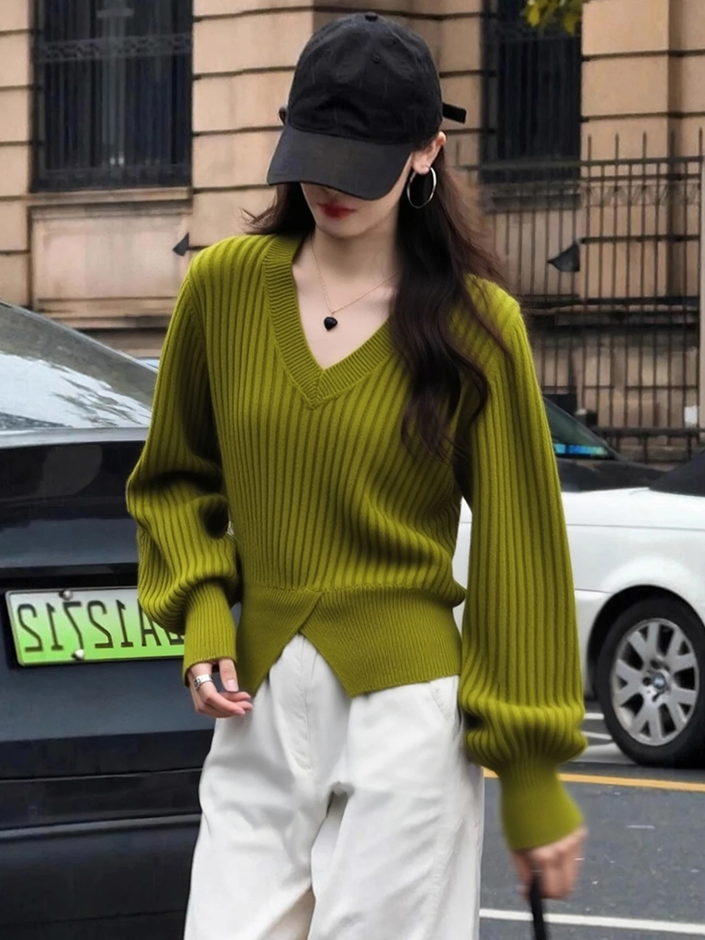 

Pure Color Knitwear Overhead Loose Long Sve Versatile Winter Top Commute Sle Korean Loose Fit V-Ne Regular Thin
