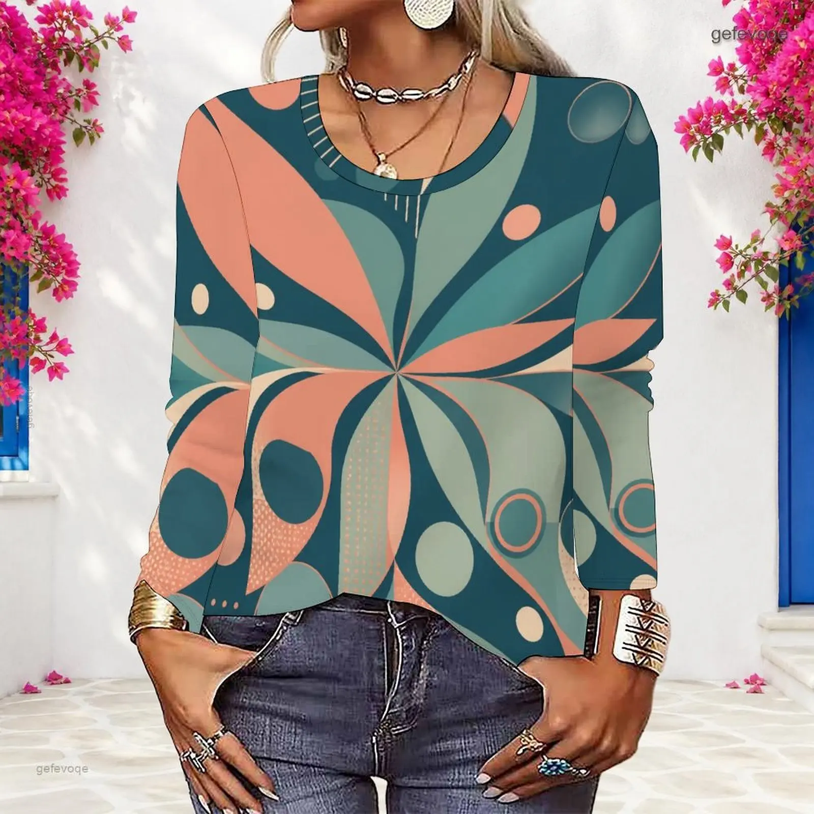 Women Abstract Brush Stroke Printed Round Neck Long Sleeve Pullover Top