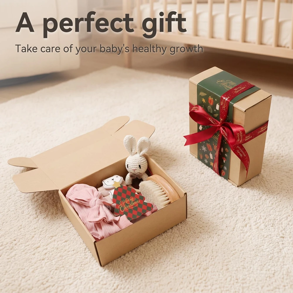 10pcs Baby First Christmas Gift Box Wood Rabbit Rattle Teething Toys Cotton Blanket Face Saliva Towel Wool Brush for Baby Shower