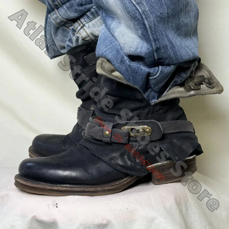 Retro Grunge Style Ladies Mid Calf Boots Black Washed Distressed Leather Shaft Wrap Strap Metal Buckle Low Heel  Boots