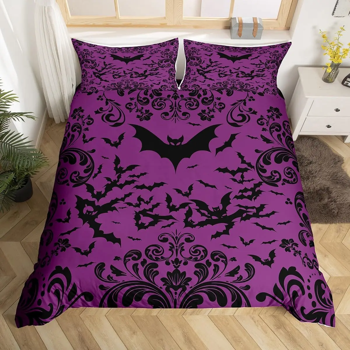 Halloween Bat Duvet Cover Set Single Size Purple Black Goth Bedding Set With 1 Pillowcase Gothic Damask Flowers
