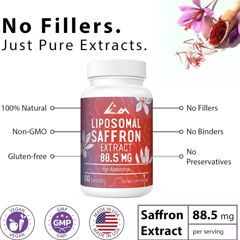 

Добавка Liposomal saffron-100% фотоэкстракт 88,5 миллиграммов, лучшая биодоступность-60 вегетарианских капсул