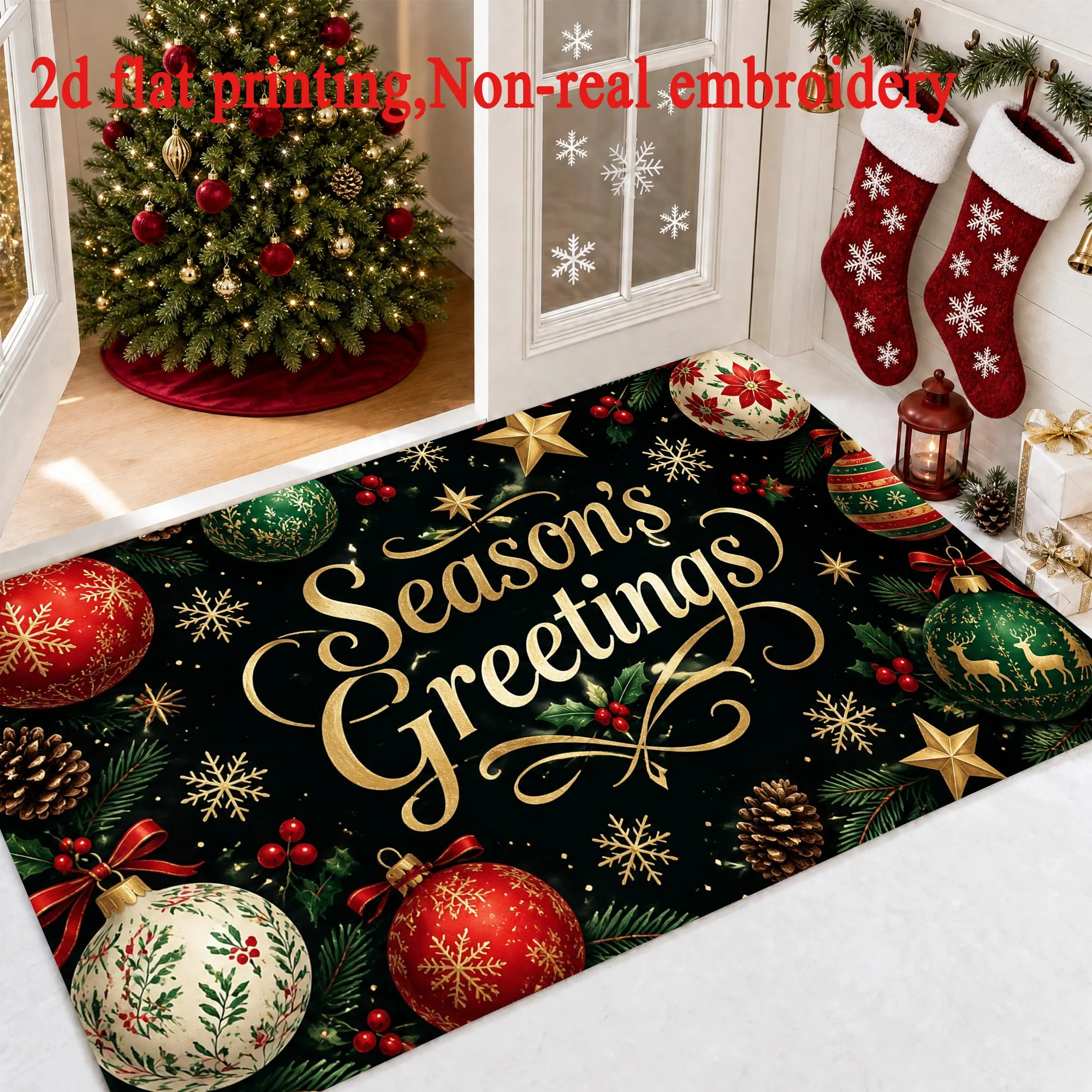 Black Background Christmas Ornament Print Floor Rug Winter Bauble Holly  Festive Home Mat for Balcony Kitchen Xmas Arrangement