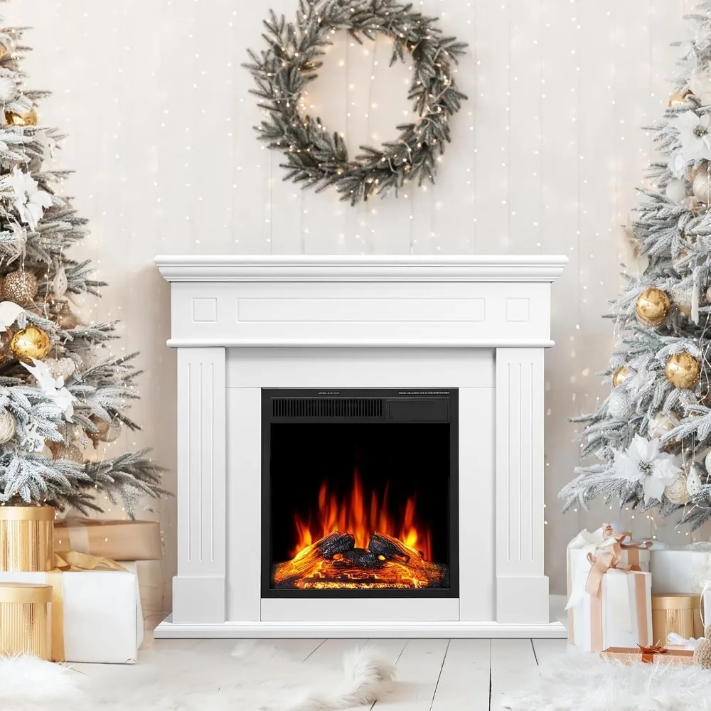 

43-дюймовая подставка для каминного телевизора с каминной каминной отоплением — электрический каминный обогреватель, деревянный развлекательный центр, регулируемое светодиодное пламя, отбеливание стойки