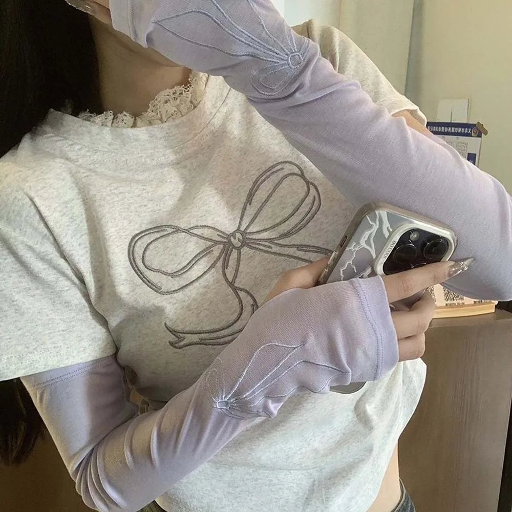 Sweet Bow Ice Sleeves Embroidered Anti-UV Breathable Long Arm Sleeves Polyester Quick Drying Arm Sunscreen Covers Driving
