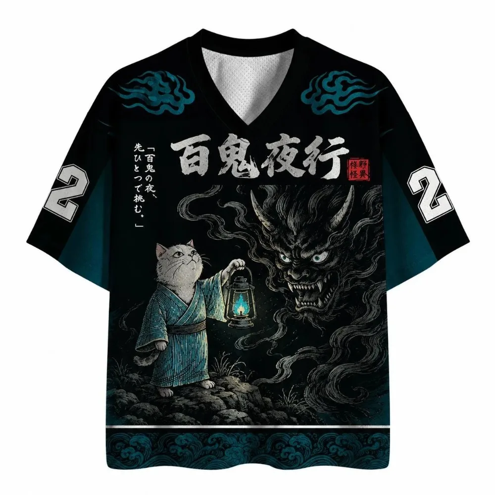 Retro Japanese Ghost Night Procession  3D Print Sports Quick-dry Breathable Men Women's V-neck Loose Casual Trendy Style T-shirt