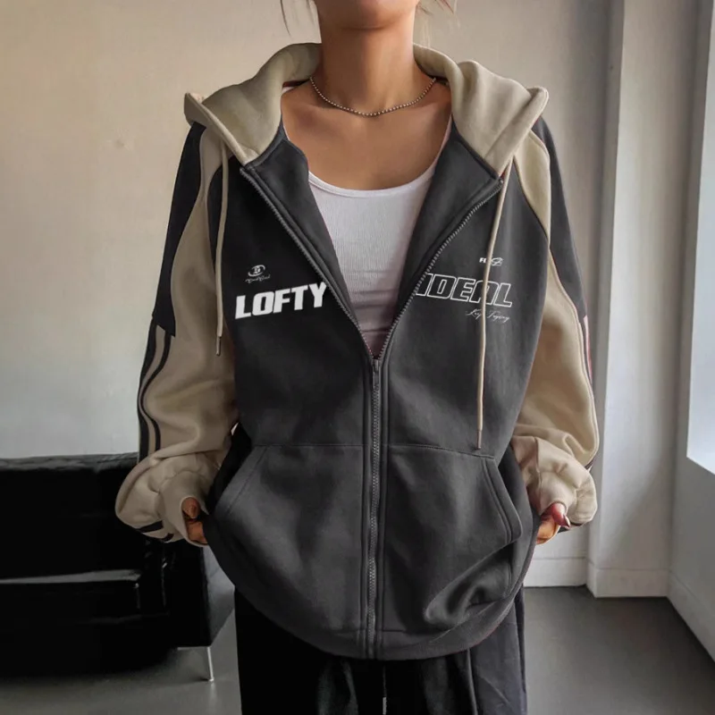 American rétro style patchwork contrastant sweat à capuche, lâche et paresseux automne et hiver veste