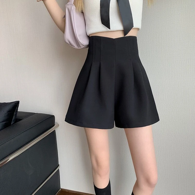 

Sweet Solid Color Zipper Spliced Folds Wide Leg Shorts Female Clothing 2025 Summer New Loose All-match High Waist Casual Shorts