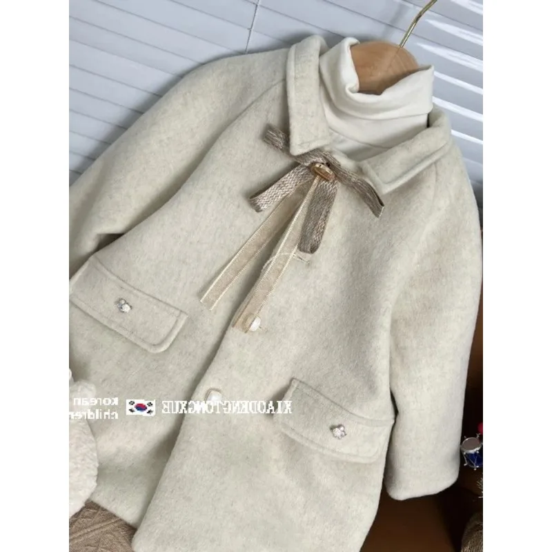 Outerwear Girls Woolen Fabric Overcoat Winter Bow Knot Thickening Coat Baby Fashion Single Row Buckle Open Stitch