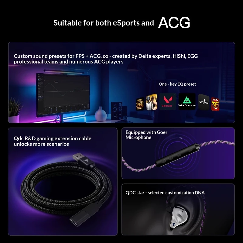 QDC FSF Instant Realm Gaming Earphones Dual-Chamber Speaker Type-C Wired Headphones with Mic for Triangle Delta Dawa Fifts