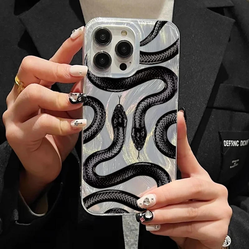 For iPhone 11 12 13 14 15 Pro Max XS XR X 7 8 Plus SE 2022 15 Luxury Black Snake Print Laser Silver Gradient Case Cover Silicone