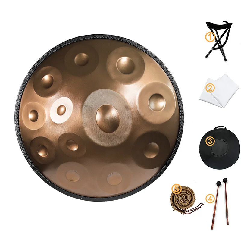 Handpan Drum in D Minor Kurd 9 10 12 Notes 440Hz 22 Inches Steel Hand Drum with Edge Woven Rattan for Professional Performance