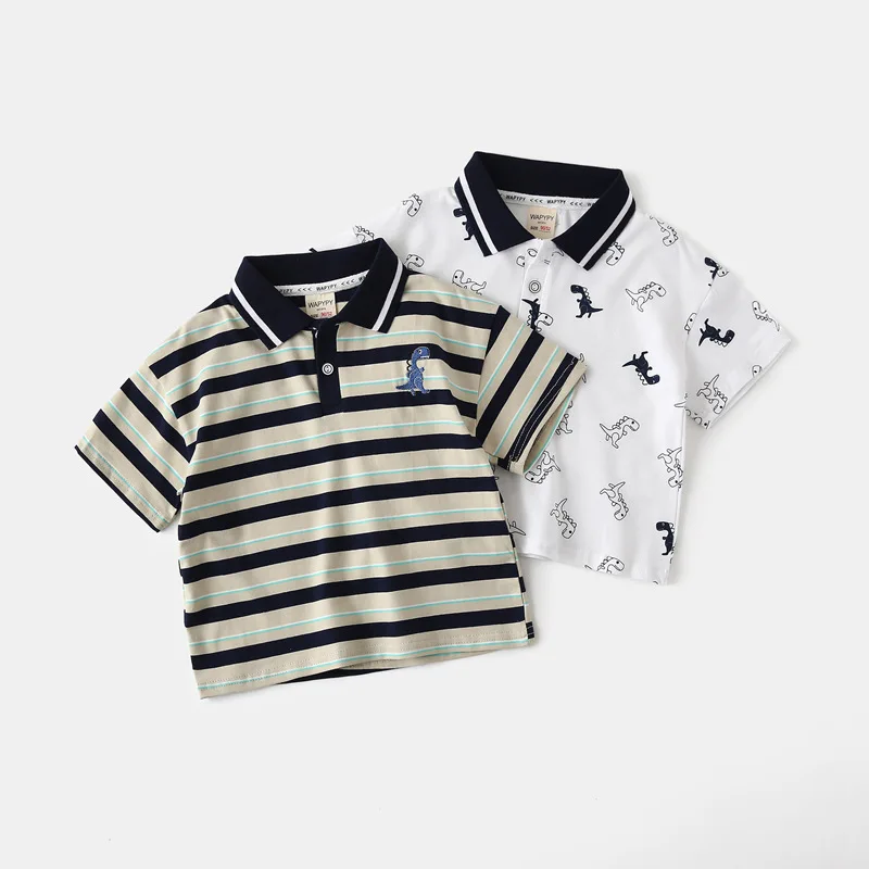Fashion children's clothing top 2025 summer clothing Korean version boys' dinosaur series short sleeved polo shirt baby T-shirt