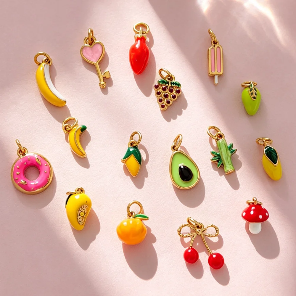 Y2K Candy Fruit Snack Enamel Stainless Steel Charms Banana Donut Mushroom Pendants Playful Pastel Handcrafted Jewelry Supply